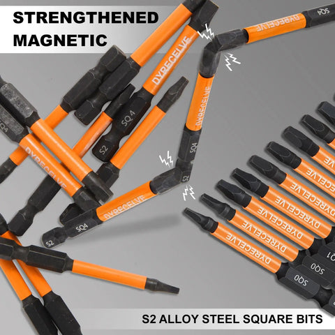 12 Pack Square Drive Bit Set In Premium S2 Alloy Steel Pro Grade With Magnetic Heads, Long 2.55 Inch Square Bits And Hex Shank