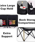 Two Person Camping Chair Loveseat Heavy Duty Double Folding Camp Couch with cup holders, back storage, and support frame details