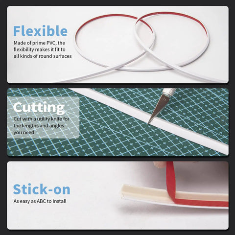 Close-up of flexible, easy-cut 20 Ft Peel And Stick Vinyl Corner Trim for Exterior Tile Walls And Furniture Decor, white PVC edge.