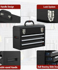 Three Drawer Portable Tool Box With Locking System, Steel Construction, Smooth Glide Drawers, black metal exterior featuring handle and lock close-up.