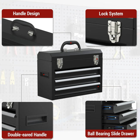 Three Drawer Portable Tool Box With Locking System, Steel Construction, Smooth Glide Drawers, black metal exterior featuring handle and lock close-up.
