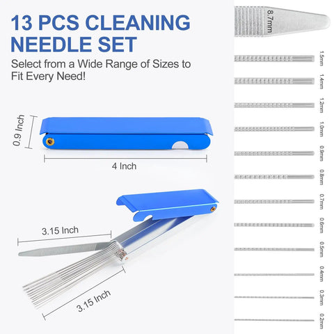 Pro Grade Welding And Carb Cleaning Kit With 13 Cleaning Wire Sizes And Sharp Pick, blue case, needle wire sizes shown.
