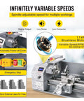 Heavy Duty Brushless Mini Metal Lathe Machine 750W Variable Speed Led showing 1.1 kW motor, speed controls, and emergency stop features.