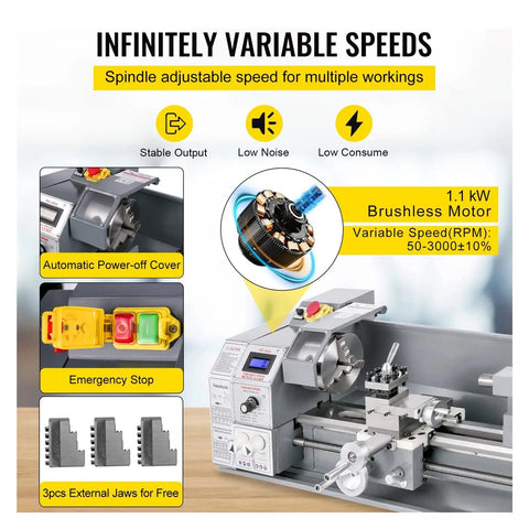 Heavy Duty Brushless Mini Metal Lathe Machine 750W Variable Speed Led showing 1.1 kW motor, speed controls, and emergency stop features.