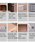 Image of a Beefy Steel Safe Box With A Handy Posting Slot For Store Valuables And Cash Documents Passports And Jewelry Mechanical Override For Quick Access Tamper Resistant Hinges Dual Keys Secure Office Safe Style5 Color detailing features like lock mechanism, mountings, dimensions, and keypad.