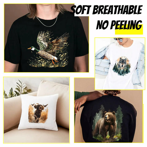 Four Hunting Animals Iron On Transfers Pack For Shirts And Hoodies, Forest Wolf Bear Dog Duck Heat Transfer Stickers, Washable DTF Ready