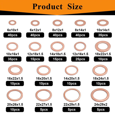 Copper Oil Drain Plug Crush Washer Set 360 Pcs 18 Sizes M6 To M24 Automotive Engine Gasket Assortment High Temp Corrosion Resistant