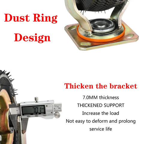 Heavy Duty 10 Inch Caster Set Of 4, Industrial Pneumatic Swivel Wheels with a close-up of the dust ring design and thickness measurement.