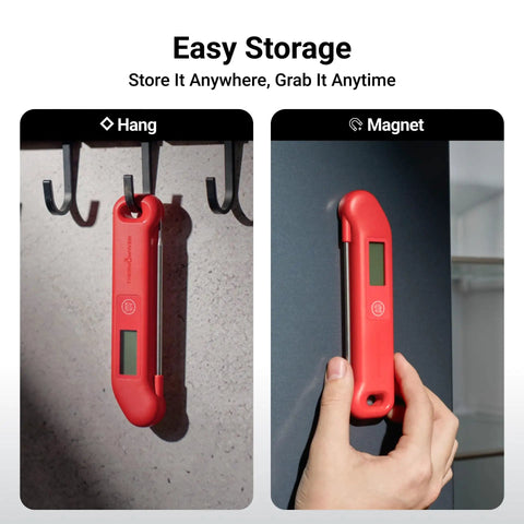 NIST Certified Digital Meat Thermometer With 0.5 F Accuracy hanging and magnetically attached for easy storage