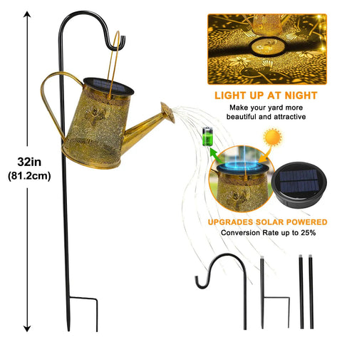 Solar Hummingbird Watering Can Lantern Lights For Outdoor Garden Decor with rain shower effect and solar panel, 32-inch height
