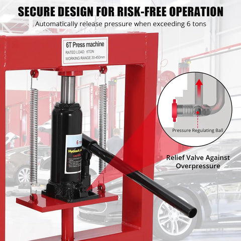 Front view of Beefy 6 Ton Hydraulic Shop Press With H Frame Four Position Adjustable Working Table Height 13,000 Lbs Capacity