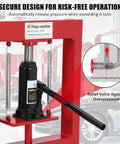 Beefy 6 Ton Hydraulic Shop Press With H Frame And Two Press Plates, Garage Floor Press For Auto Repairs, Metal Fabrication And Maintenance, Adjustable Work Table Height, Red close-up with relief valve and 6T jack