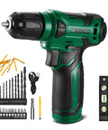 Smooth As Hell 8V Cordless Drill Set With One Hand Keyless Chuck And 42 Piece Accessory Kit Built In Bright Led Work Light Type C Fast Charge Cable, green drill with bits and accessories.