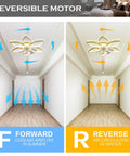 27 Inch Bladeless Flush Mount Ceiling Fan With Lights Remote Control Quiet Low Profile Modern Bedroom Fan Dimmable LED Light Six Gear Speeds Three Color Temperatures Flower Style Design with reversible motor shown, displaying forward cooling airflow in summer and reverse air circulation in winter.