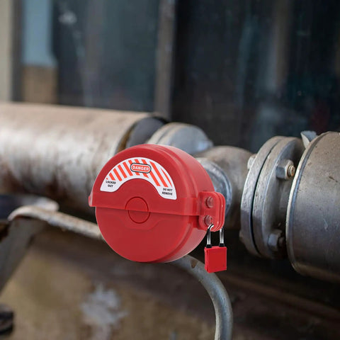 2 Pack Ball Valve Lockout Device Heavy Duty Padlock on a gate valve, fits 1 to 2 inch pipes, used for industrial safety.
