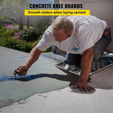 Man using Concrete Knee Board Sliders 28 X 8 Inch Pair With Stainless Steel Kneeboards for smooth trowel and edge protection on concrete