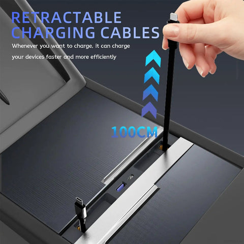 Tesla USB Hub For Model Y Juniper 2025 2026 And Model 3 Highland 2024 2025 with retractable charging cables in console