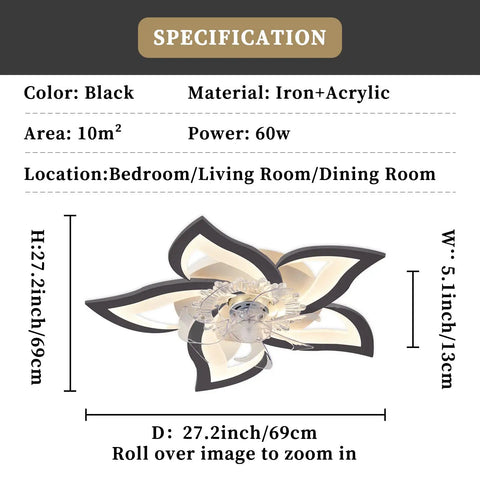 Low Profile Ceiling Fan With LED Light, Ultra Quiet Six-Speed Wind, Three Switchable Modes, Smart Timer, 25.6 Inch Black Finish, specs view