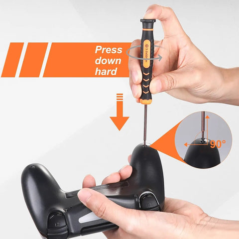 Pro Grade PS5 PS4 PS3 Console Repair Kit with PH00 PH0 PH1 Phillips and T8 Torx Drivers in use on a game controller