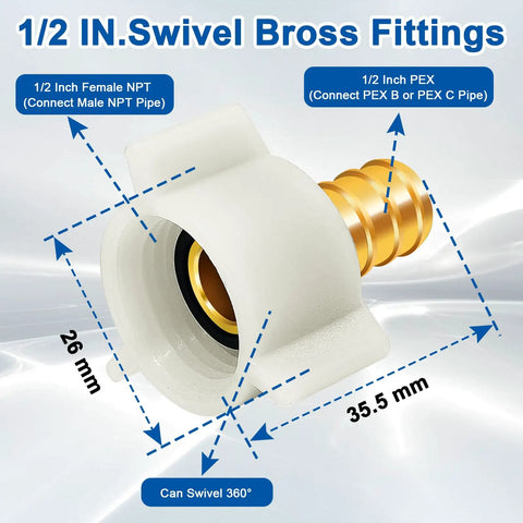 Six Pack PEX Swivel Adapters 1/2 Inch To 1/2 Inch Female NPT Brass Crimp Fittings For RV Plumbing PEX Faucet Connector Flexible Leak Free Pipe Connection Kit, 360° swivel