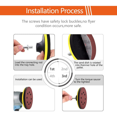 Installation guide for 5 Inch 8 Hole Hook And Loop Sanding Pad Kit With Soft Density Interface Pads And Buffer Backing Cushion Plus 30 Pcs Of 5 Inch Sanding Discs In Grit 100 150 180 240 320 400, featuring steps with images and descriptions.