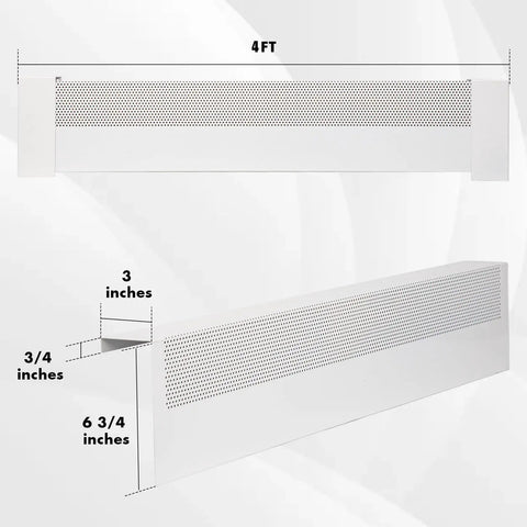 4 Foot Baseboard Heater Cover With Left And Right End Caps For Replacing Old Rusty Electric And Baseboard Covers, Easy Fit Radiator Shield For Home Heating, shown in white enamel with dimensions.