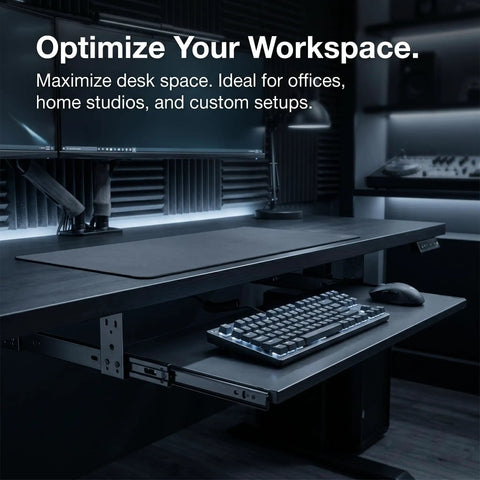 Underdesk Keyboard Tray Sliding Rails Heavy Duty Steel Drawer Slides Ball Bearing Extension Rails Hardware Kit Pull Out Keyboard Slides Quiet Mount Telescopic Runners For Office Desks And Home Setup mounted under a desk with keyboard and mouse