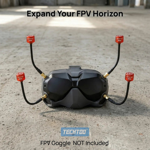 RHCP FPV Antenna for Racing Drones 5.8G 2.3dBi with SMA Male Connector attached to FPV goggles on concrete floor