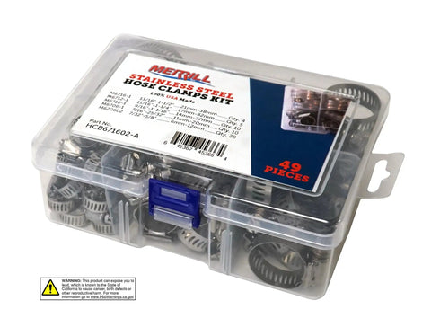 USA Made Stainless Steel Hose Clamp Kit 49 Piece Assortment Adjustable Worm Gear Clamps For Plumbing Automotive Fuel Lines And Mechanical Projects Heavy Duty Anti Corrosion Pro Grade in plastic case with label