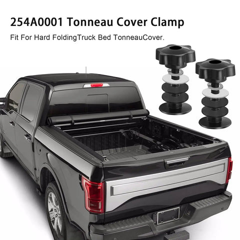 Tough As Nails Tonneau Cover Clamp Service Kit With Smooth Glide Elevator Bolt Assembly and Slick Slider Knobs for Most Hard Folding Truck Bed Covers 2 Pack displayed on a pickup truck.