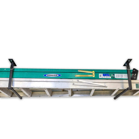 Overhead Ladder Rack Ceiling Mount for Garage Storage Holds Ladders Up to 75 lbs Adjustable Height from 12 to 20 Inches installed