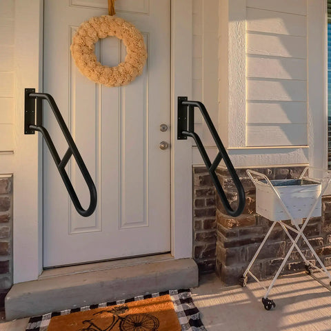 Heavy Duty Wall Mounted Grab Bar For Outdoor Steps No Sweat Assembly Non Slip Safety Railing For Porch Deck Backyard And Garage, black safety handles by door.