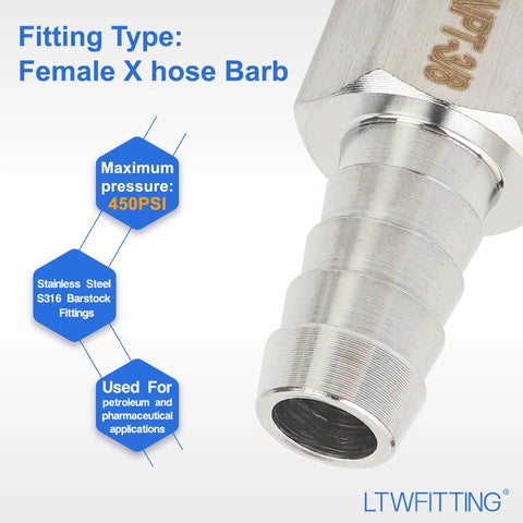 Premium 316 Stainless Steel Barb Coupler 3/8 In Hose Id With 1/4 In Female Npt Thread Fitting close-up showing female x hose barb design.