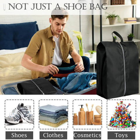 Man packing suitcase with Must Have Travel Shoe Bags Set of 4 Large Waterproof Lightweight Organizers with Zipper.