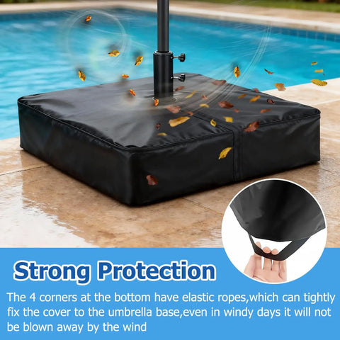 Patio Umbrella Base Cover For Square Stands Heavy Duty 600D Waterproof Anti UV Weatherproof Cover Only 30 Inch By 30 Inch By 5 Inch Black Fits Most Square Bases, showing elastic ropes securing cover.