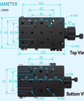 Top and bottom view of Z Axis Manual Lift Platform With Precision Positioning Stage And Fine Adjustment Slider Micro Positioner Lab Jack Elevator, dimensions visible.