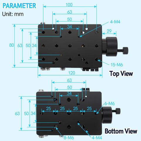 Top and bottom view of Z Axis Manual Lift Platform With Precision Positioning Stage And Fine Adjustment Slider Micro Positioner Lab Jack Elevator, dimensions visible.