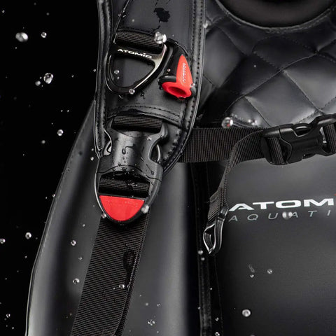 Close-up of BC2 Dive BCD With Integrated Weight System For 30 Lb Capacity Laminated Waterproof Fabric, black, large size, details.