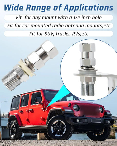 Heavy Duty CB Antenna Stud Mount Adapter With SO239 Connector For Three Eighths By Twenty Four Threads, SUV application