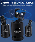 10 Piece Socket Adapter Set For One Quarter Three Eighths One Half Inch Drives With Reducers Universal Joints And Drill Adapters CrMo Steel Built Tough Heavy Duty Impact Gear For Auto Repair And DIY Projects. 360° swivel joints, 1/4, 3/8, 1/2 CR-MO