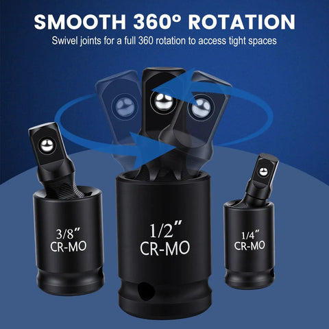 10 Piece Socket Adapter Set For One Quarter Three Eighths One Half Inch Drives With Reducers Universal Joints And Drill Adapters CrMo Steel Built Tough Heavy Duty Impact Gear For Auto Repair And DIY Projects. 360° swivel joints, 1/4, 3/8, 1/2 CR-MO