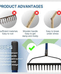 Comparison of Rugged 14 Tine Metal Garden Rake With 57 Inch Fiberglass Handle Anti Rust Coating and inferior rakes