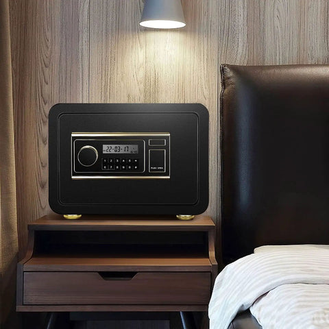 Fireproof Safe With Biometric Access, Waterproof 1.4 Cubic Foot Electronic Digital Security Safe in a bedroom setting