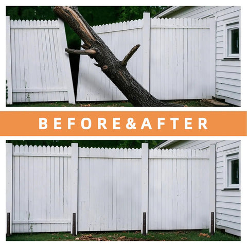 Before and after image of a repaired white fence using Fence Post Repair Kit For Leaning Or Broken 4x4 And 6x6 Posts, Heavy Duty.