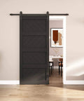 36x84 Inches Sliding Barn Door Four Panel Black With Hardware Kit Installed in Living Room, Dope Wave Pattern, Waterproof Panels Visible