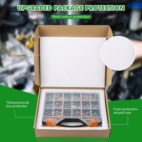 568 Piece SAE Bolt and Nut Assortment Kit 1/4 5/16 3/8 1/2 Inch packaging with foam protection and thickened box.