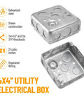 Four Inch Square Electrical Box With Cover, One And A Half Inch Deep Metal Junction Box, 21 Cu In Capacity, Galvanized Steel, 16 Knockouts