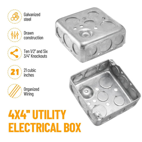 Four Inch Square Electrical Box With Cover, One And A Half Inch Deep Metal Junction Box, 21 Cu In Capacity, Galvanized Steel, 16 Knockouts