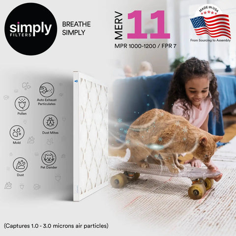 12x12x1 Air Filter For HVAC Systems MERV 11 MPR 1000 6 Pack with child and cat, dust and pollen protection, universal fit