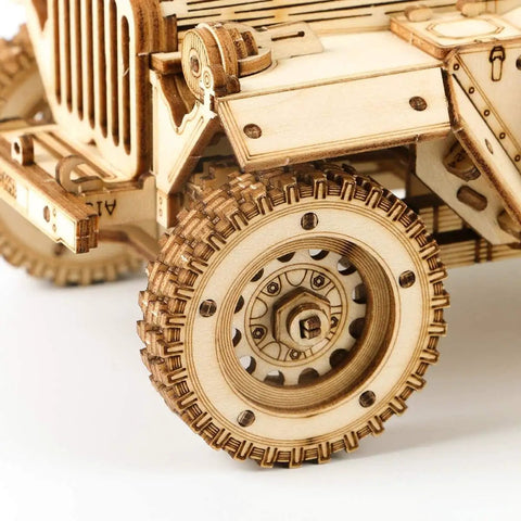 One Eighteen Scale Mechanical Car Puzzle Kit for Adults, DIY Wooden Model Vehicle Kit, Brain Teaser Toy, Perfect Gift for Guys and Gals on Birthday or Christmas, close-up wooden wheel